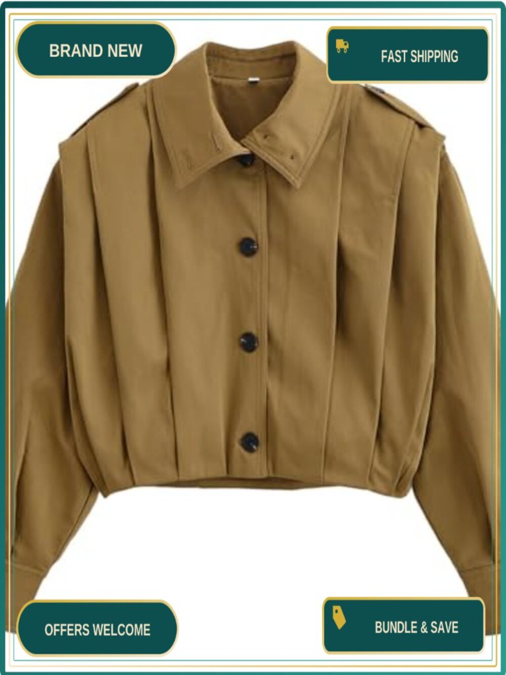 Cropped Pleated Trench Coat Casual Button Down Short Jacket